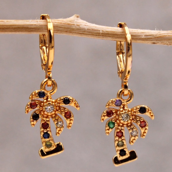18K Gold Filled - Coconut Tree Sapphire Emerald Amethyst Topaz Zircon Earrings - Picture 1 of 2